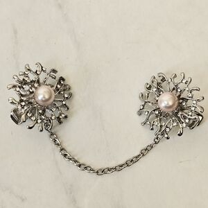 RESERVED Elegant Silver Rhinestone Pearl Brooch Collar Shawl Sweater Clip